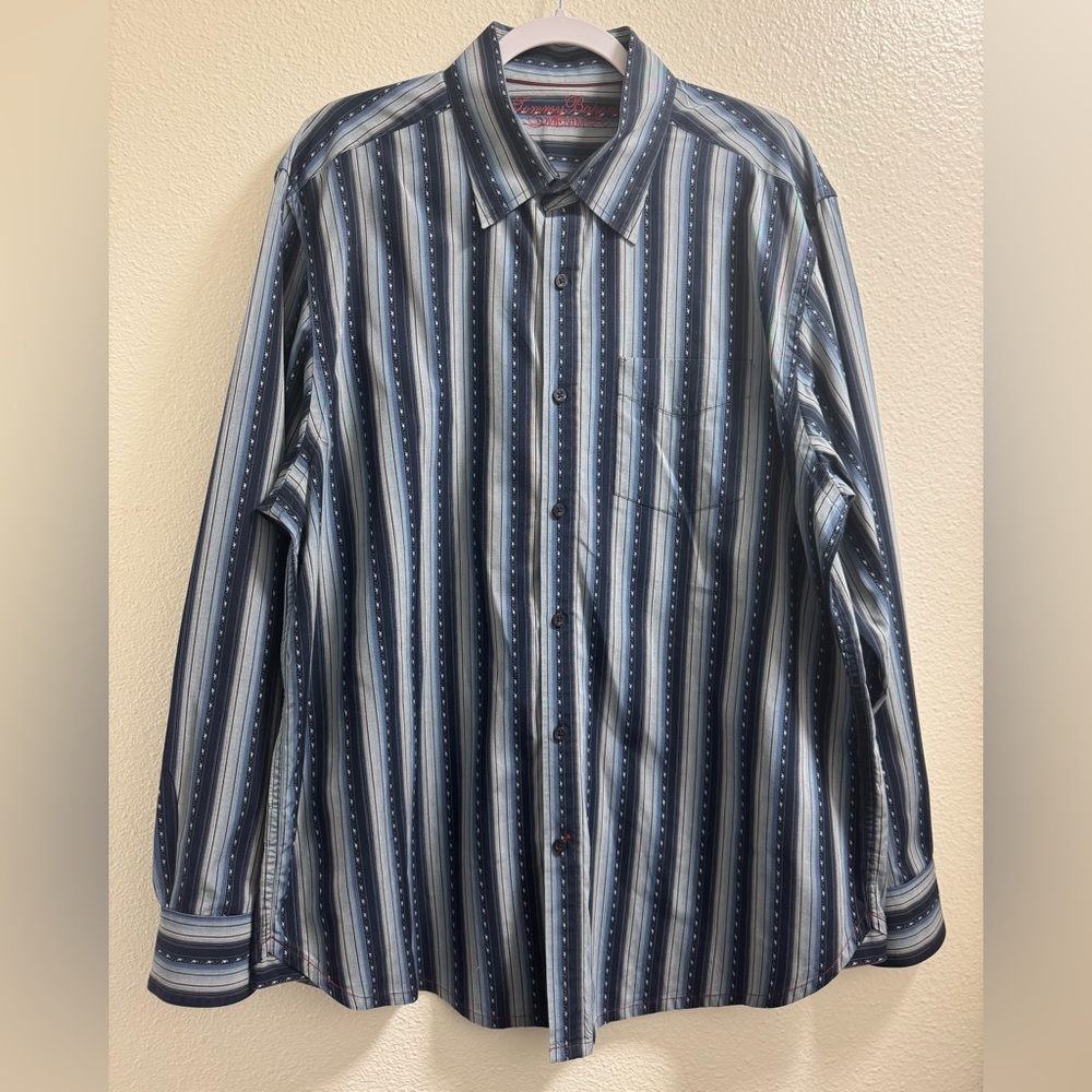 Tommy Bahama Denim Striped Button Down Shirt Long Sleeve Pocket Blue Mens XL